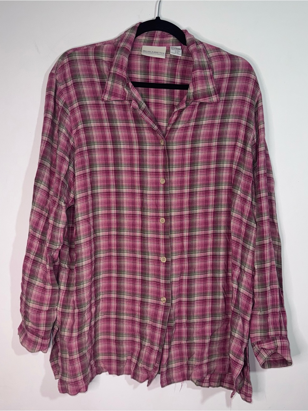 Elisabeth Liz Claiborne Size 14 Pink Plaid Rayon Button Down Shirt Y2K